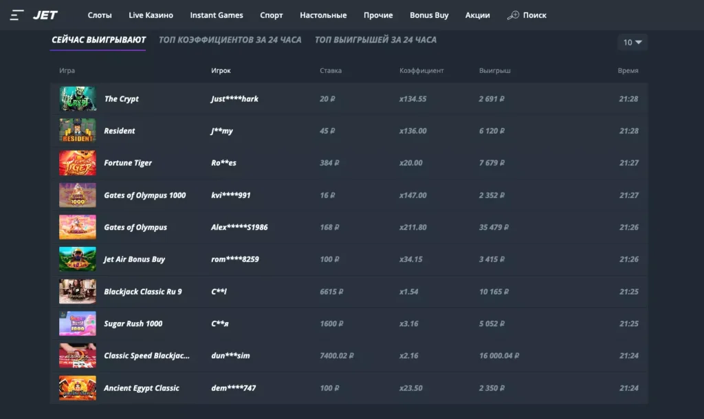 Крупные выигрыши на официальном сайте Джет